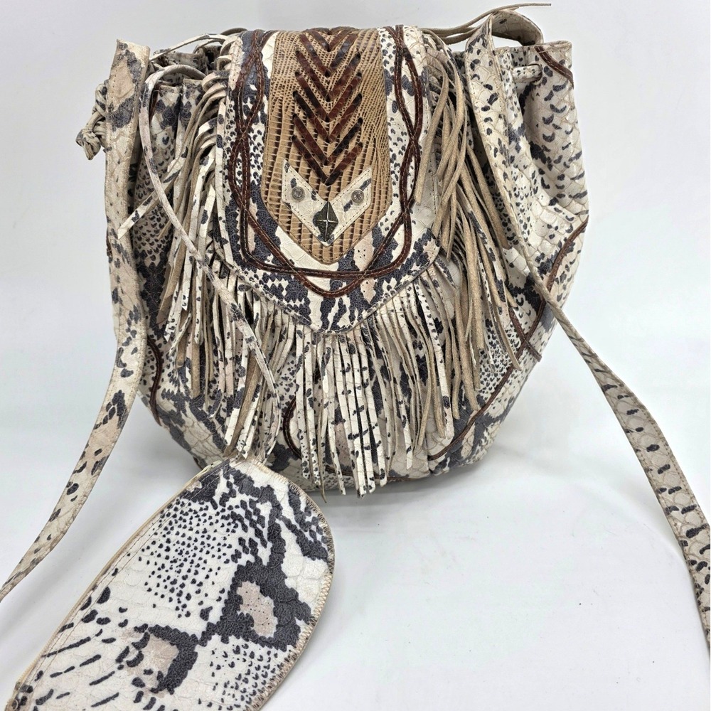 Vintage Hobo Bucket Bag Snakeskin Print Fringe‎ Leather Brown Cream Coin Purse